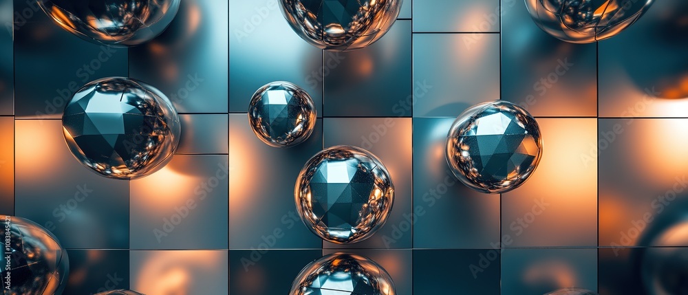 Poster abstract composition of reflective spheres on a textured surface with warm lighting in a modern art 