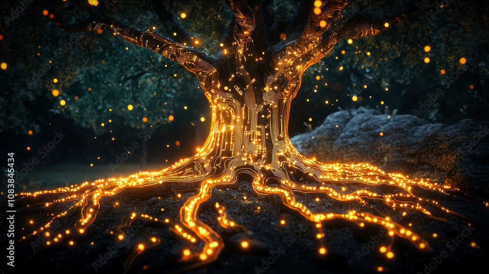 Poster a stylized glowing tree with intricate electronic circuit patterns