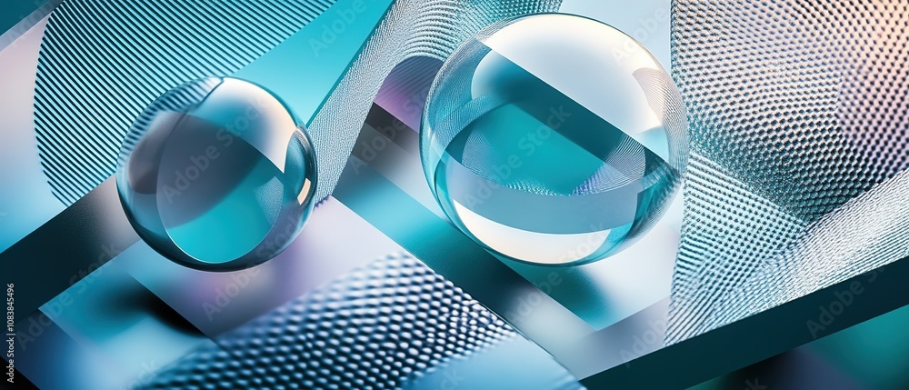 Poster abstract composition of reflective spheres on a textured surface with warm lighting in a modern art 
