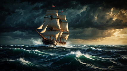Obraz premium Atmospheric composition depicting a large sailing ship navigating through a turbulent sea