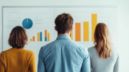 A group of business analysts and managers gathered around a digital whiteboard examining data visualizations and charts to guide strategic decision making for their company