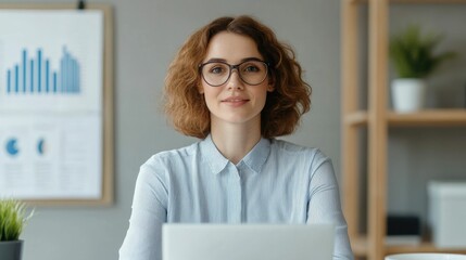 Smiling female business manager in glasses guiding her team through data analysis presentation and collaborative strategic planning for decision making in the corporate office environment