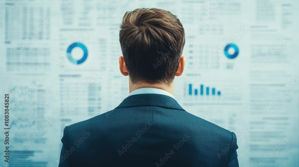 Poster corporate manager analyzing project data and aligning goals with team members during an important bu