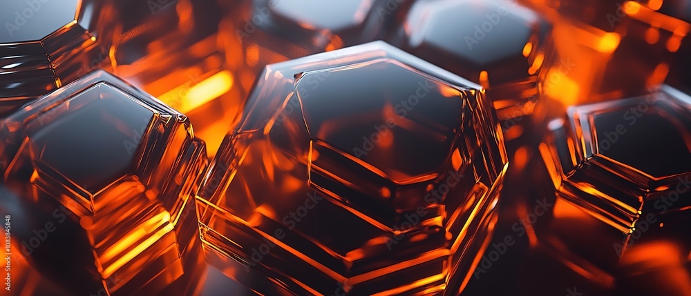 Poster a close-up view of glowing amber hexagonal crystals highlighting their intricate shapes and reflecti