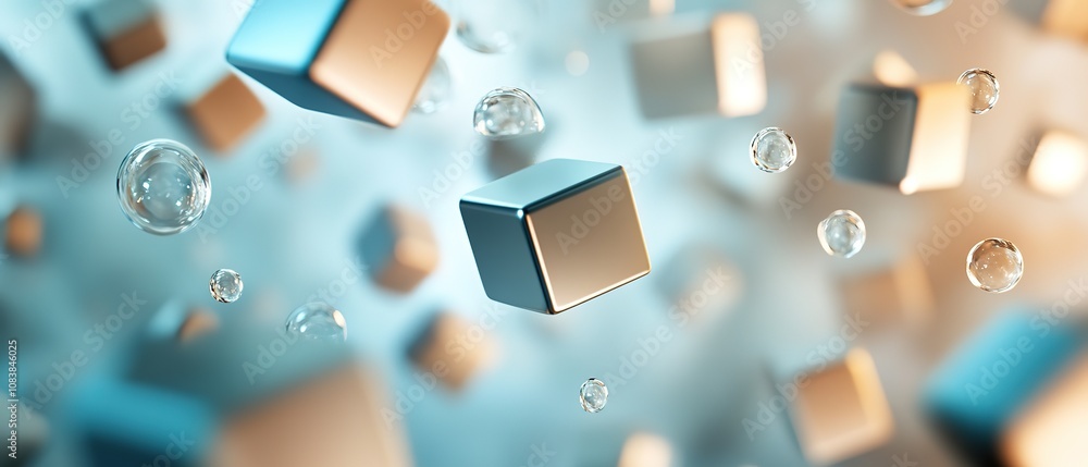 Poster abstract metallic cubes and bubbles floating in a soft gradient background create a surreal digital 