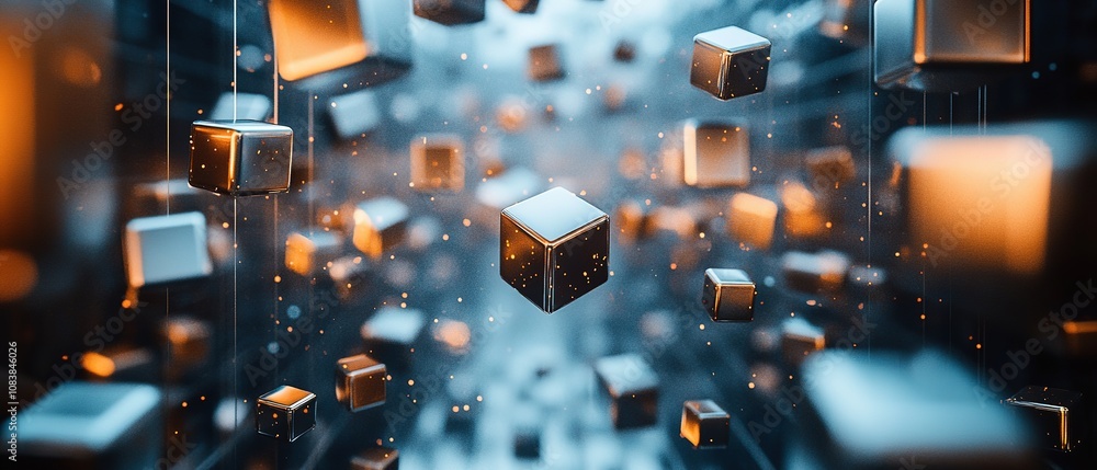 Poster abstract metallic cubes and bubbles floating in a soft gradient background create a surreal digital 