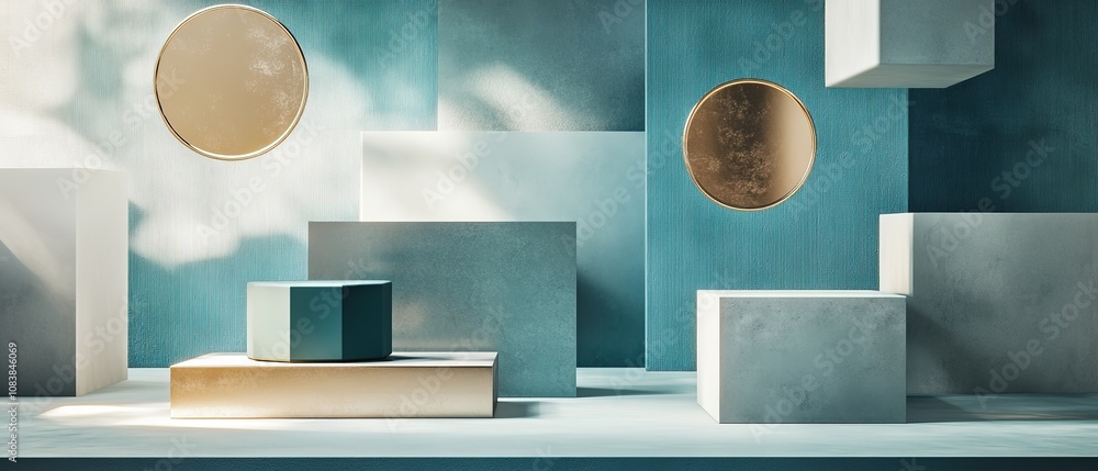 Poster abstract metallic cubes and bubbles floating in a soft gradient background create a surreal digital 