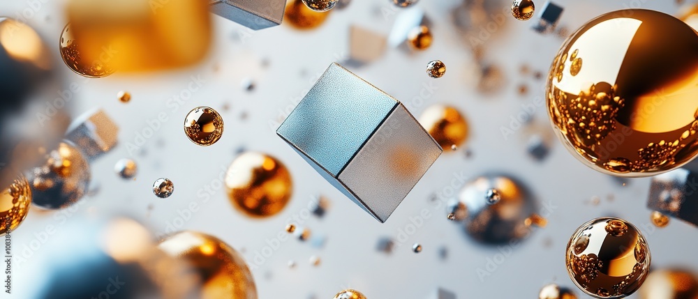 Poster abstract metallic cubes and bubbles floating in a soft gradient background create a surreal digital 
