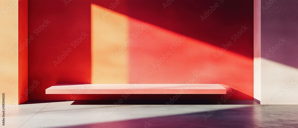 Poster abstract geometric composition with bold red shapes and shadows in a modern architectural setting du