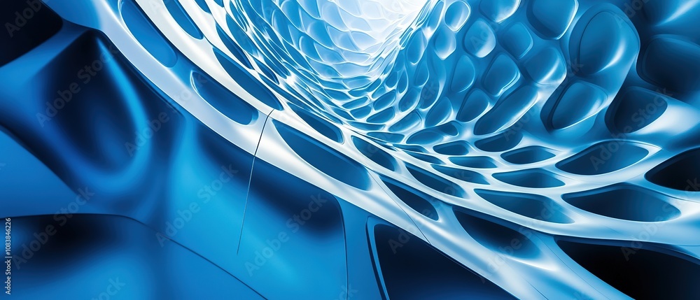 Poster a mesmerizing blue abstract tunnel with intricate patterns and light reflections created by fluid sh