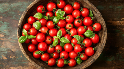 Fresh Cherry Tomatoes and Basil in Wooden Bowl - Food Photography