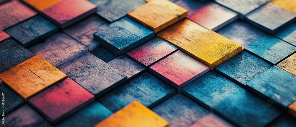 Poster vivid abstract architectural design featuring colorful geometric shapes and layers in a modern urban