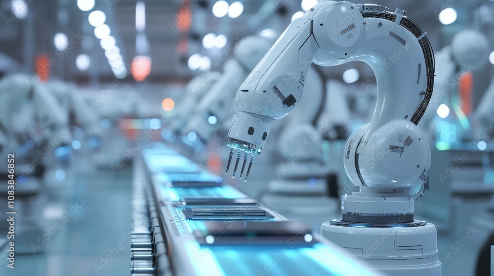 Poster robotic arm assembling components on a conveyor belt in a factory setting
