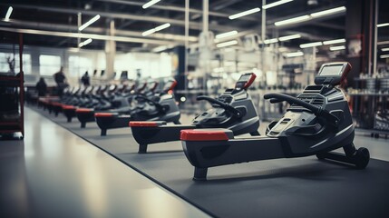 Obraz premium Row of modern rowing machines in an empty gym with ambient lighting and reflective floor.