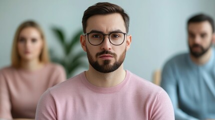 Fototapeta premium A group of diverse adult professionals gathered in a circle with one person speaking while the others listen attentively in a formal office or corporate setting showcasing active teamwork