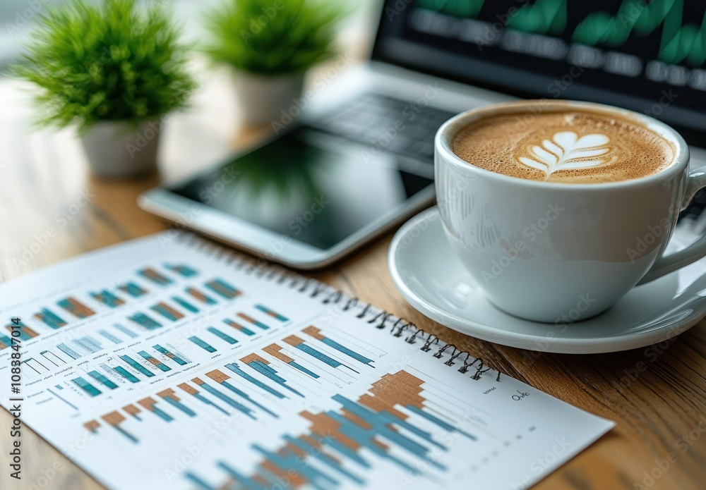 Poster here's a description and keywords for your image.. latte, graphs, and tablet on wooden desk.