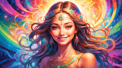 Obraz premium A radiantly glowing young woman with a serene smile, dream and meditation concept