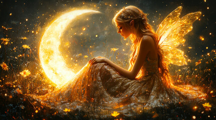 Obraz premium A beautiful fairy and the moon, dreamy atmospheric composition