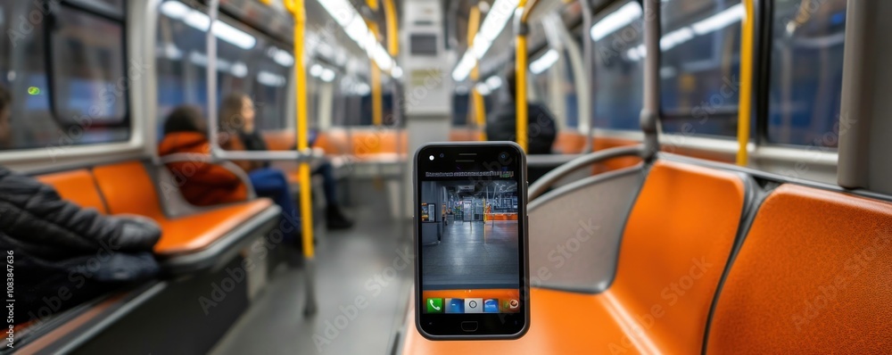 Poster a smartphone on an empty subway seat, displaying a station view.