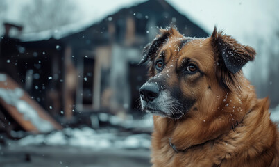 A loyal dog sits near a burned house under snowfall. The scene portrays loss, resilience, and loyalty. Snowflakes on fur, somber expression, and charred ruins. Stray dog. Sad dog