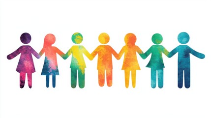 Colorful silhouettes of diverse people holding hands in a rainbow spectrum representing unity, diversity, friendship, and inclusion in community settings