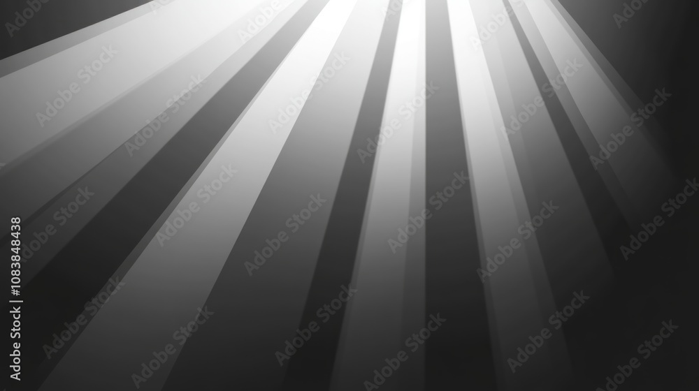 Poster a monochromatic image featuring rays of light emanating from a central point, creating depth.