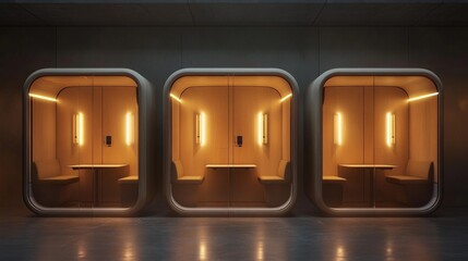 Three Modern Wooden Phone Booths with Glass Doors