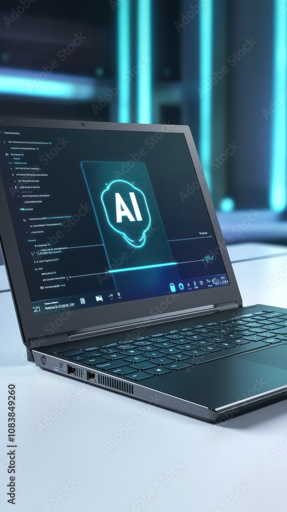 Aufkleber a laptop displaying an ai interface in a modern, tech-inspired environment.