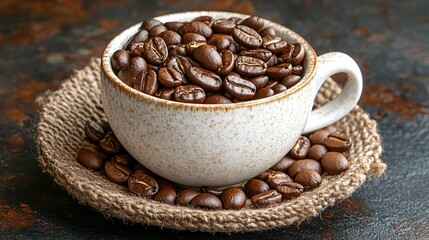 Fototapeta premium Close-up of freshly roasted coffee beans next to a white ceramic cup, coffee, beans, roasted, close-up, white cup, ceramic