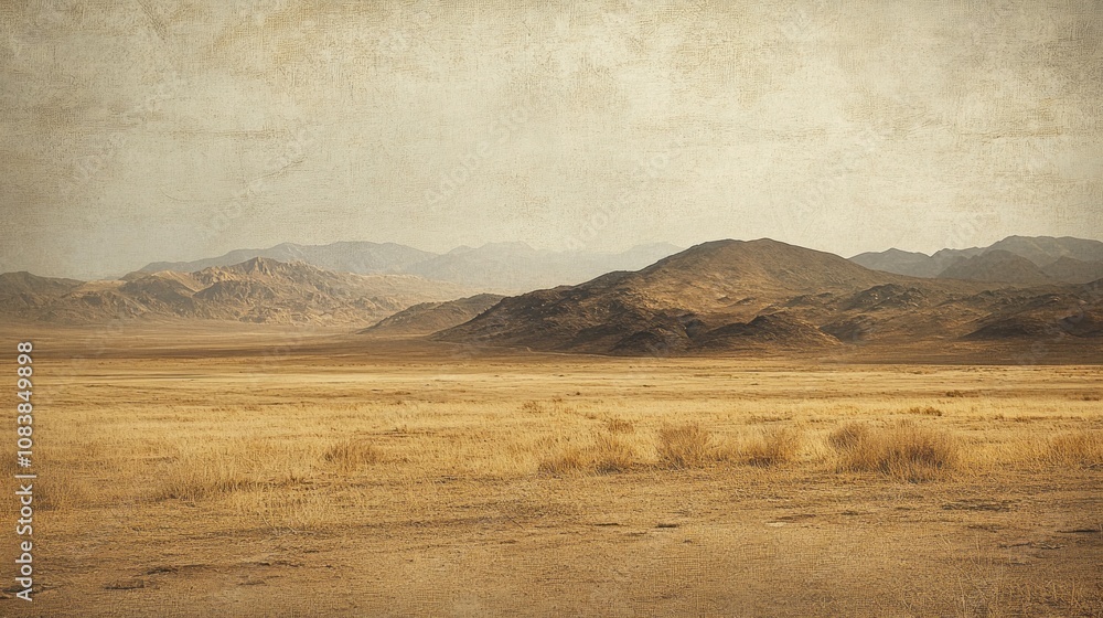 Poster A desolate desert landscape with a few trees and mountains in the background