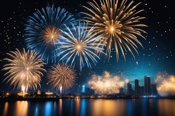 Fototapeta premium Banner Purple Firework celebrate anniversary happy new year 2025, 4th of july holiday festival. Banner Purple firework night time National holiday. Violet firework New year 2025 festival copy space