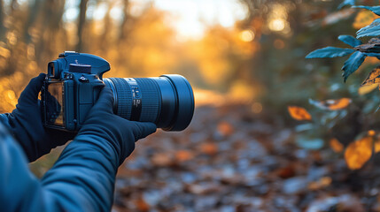 Fototapeta premium A photographer adjusting their camera in a forest clearing, framing the perfect shot of sunlight streaming through the trees: Their five-fingered hands focus the lens, with an expr