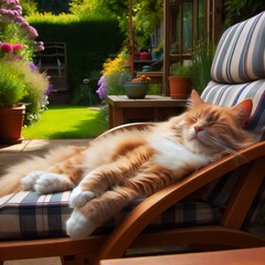 Schlafende Katze auf einem Gartenstuhl