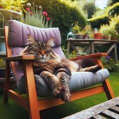 entspannte Katze auf einem Gartenstuhl