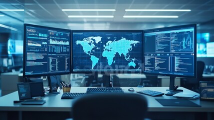 Fototapeta premium A Workstation Displaying a World Map, Data, and Code