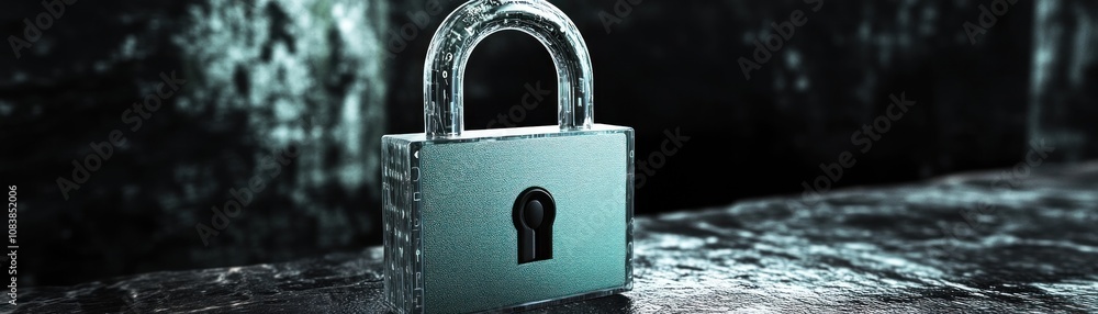 Poster a close-up of a metallic padlock on a textured surface, symbolizing security and protection.