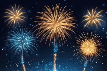 Fototapeta premium Banner Purple Firework celebrate anniversary happy new year 2025, 4th of july holiday festival. Banner Purple firework night time National holiday. Violet firework New year 2025 festival copy space