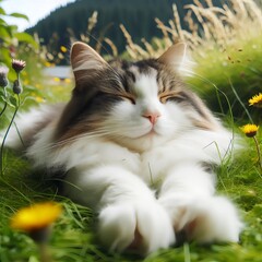 entspannte Katze in einer Blumenwiese