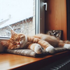 schlafende Katze auf der Fensterbank