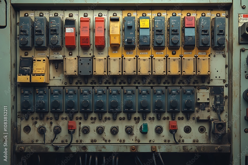 Wall mural vintage electrical control panel with an array of switches and buttons.