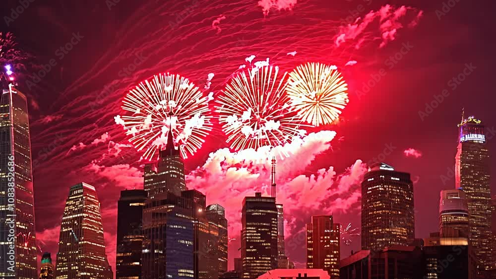 Poster camera pans across a cityscape at night as fireworks explode, creating a dazzling display of color a