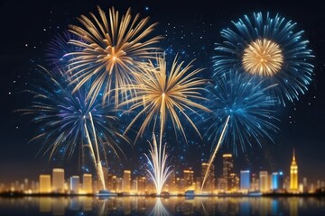 Fototapeta premium Banner Purple Firework celebrate anniversary happy new year 2025, 4th of july holiday festival. Banner Purple firework night time National holiday. Violet firework New year 2025 festival copy space