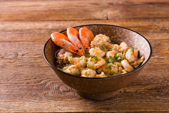 Traditional Portuguese bread soup with shrimp.. A&Ccedil;ORDA ALENTEJANA.