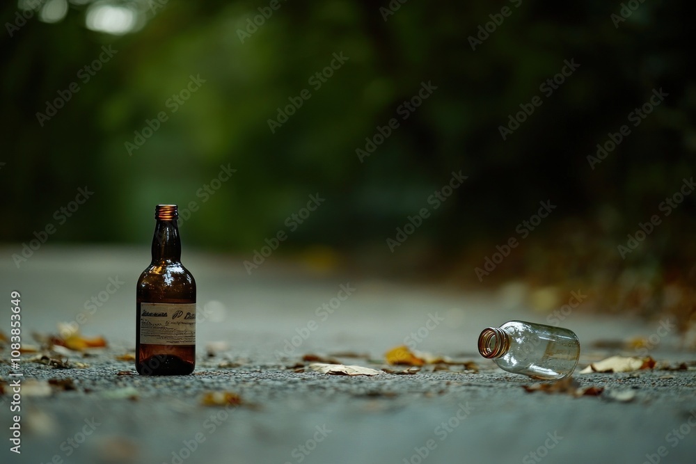Poster a close-up of two bottles on a path surrounded by fallen leaves.