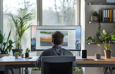 Young man sits on modern wooden desk with large monitor in home office.