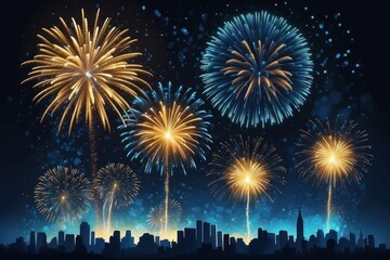 Fototapeta premium Banner Purple Firework celebrate anniversary happy new year 2025, 4th of july holiday festival. Banner Purple firework night time National holiday. Violet firework New year 2025 festival copy space