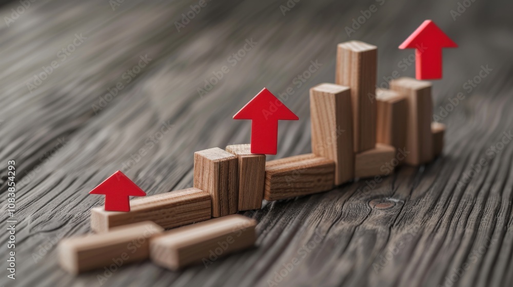 Poster wooden blocks with red arrows representing growth on a rustic wooden surface, symbolizing financial 