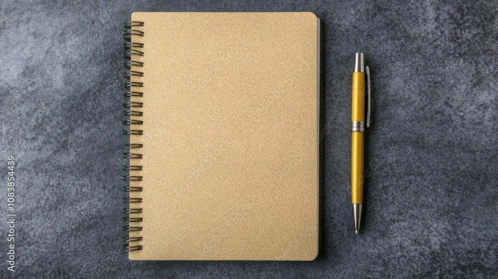 Poster a blank notebook and a pen on a textured surface, ready for writing or note-taking.
