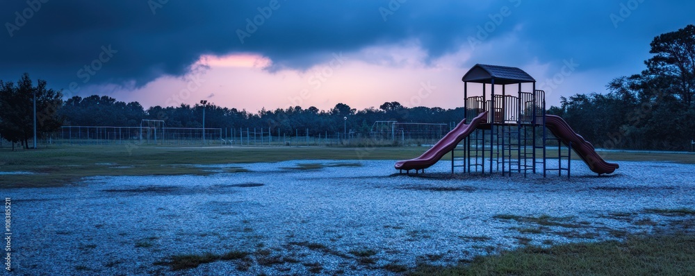 Poster a playground with slides sits in a flooded field under a moody sky at dusk.