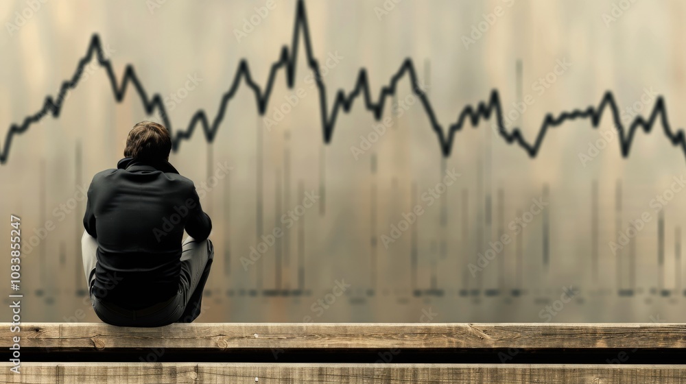Poster man looking at financial data trends on digital screen, contemplating investment strategies and mark